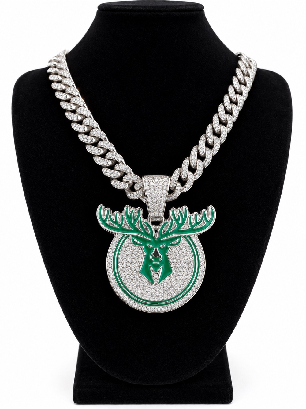 NBA Milwaukee Bucks Iced Out Pendant Silver Cuban Link Chain Necklace